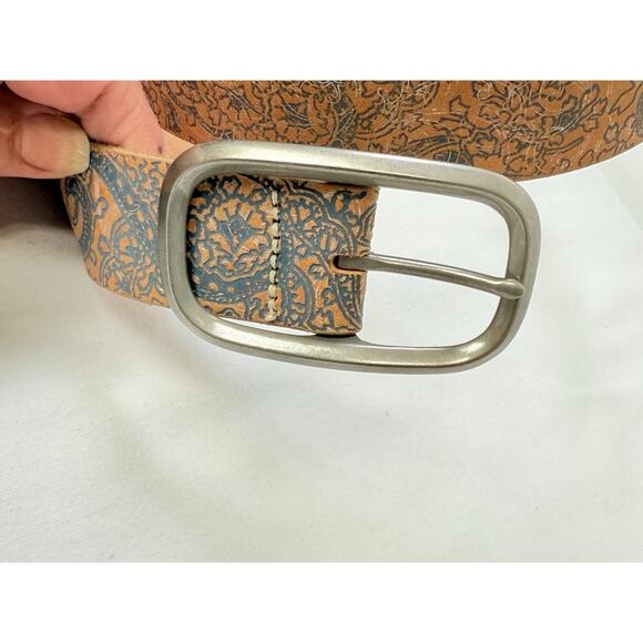Brown Leather Belt With Blue & Silver Floral Print - Picture 4 of 8